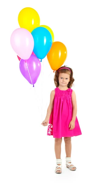 Vacker liten flicka med ballonger isolerad på vit — Stockfoto