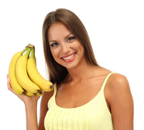 Bella giovane donna con banane, isolata su bianco — Foto Stock