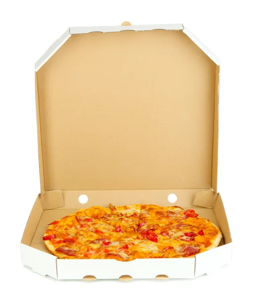 Tasty pizza in box isolated on white — Stock Photo, Image