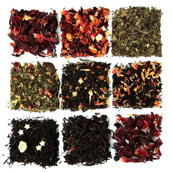 Assortment of dry tea, isolated on white — Stock Photo, Image