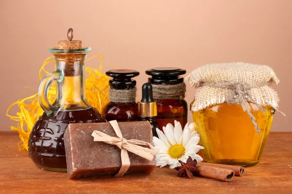 Ingredients for soap making on brown background — Stock Photo, Image