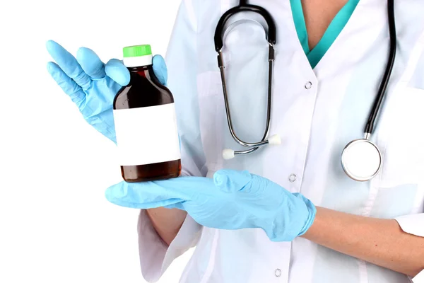 Doctor with bottle isolated on white — Stock Photo, Image