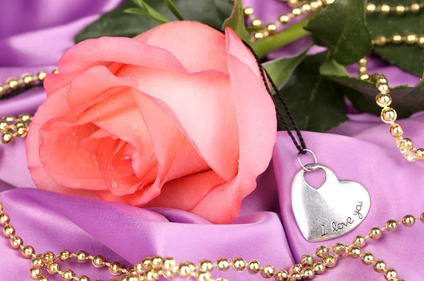 Beautiful pink rose with heart pendant — Stock Photo, Image