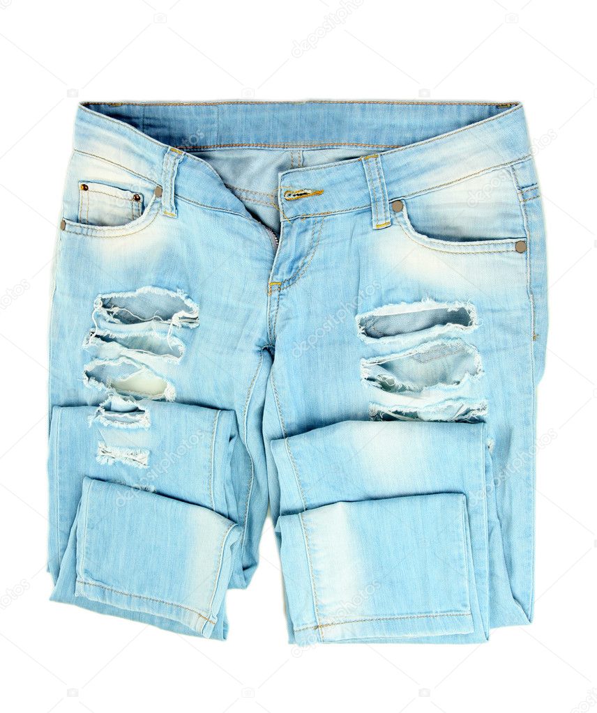 Fashion blue denim shorts close-up isolated on white