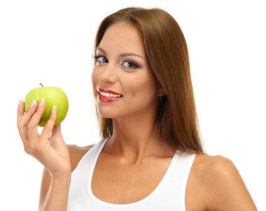 Yeşil elma, üzerinde beyaz izole olan güzel kadın