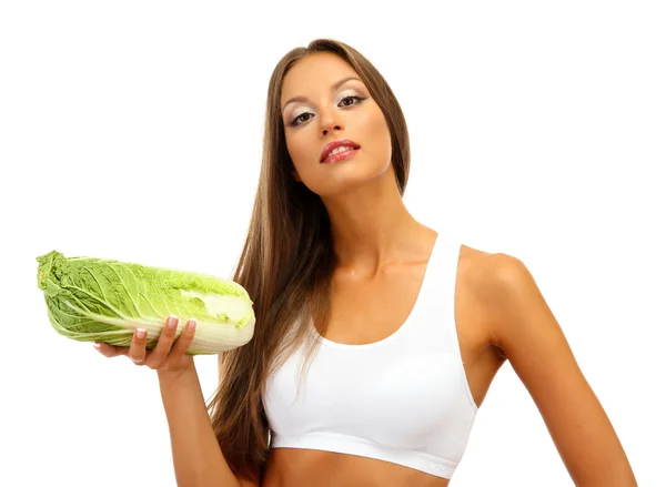 Beautiful young woman with cabbage, isolated on white — Stock Photo, Image