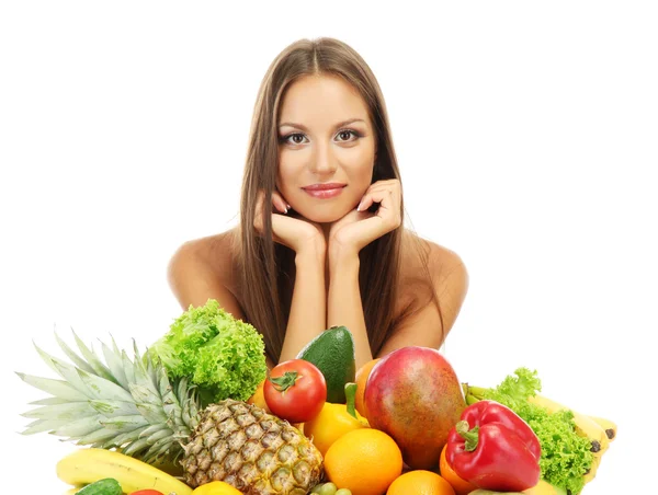 Hermosa joven con frutas y verduras, aislada en blanco —  Fotos de Stock