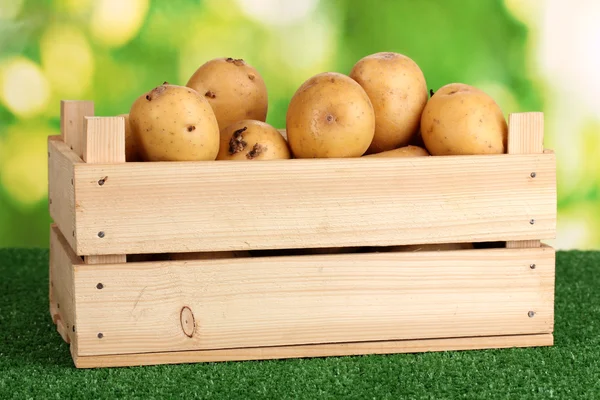 Ripe potatoes in wooden box on grass on natural background — Stock Photo, Image