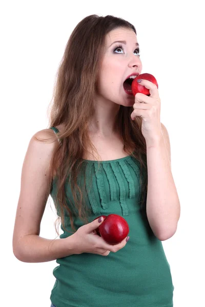 Beautiful woman with apple isolated on white — Stock Photo, Image