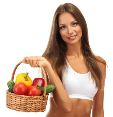 güzel genç kadın ile üzerine beyaz izole sebze sepeti,
