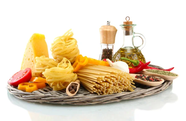 Pasta spaghetti, vegetables and spices, isolated on white — Stock Photo, Image