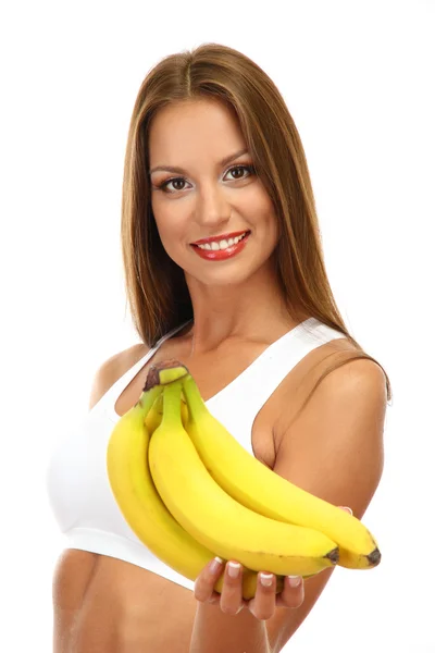 Bella giovane donna con banane, isolata su bianco — Foto Stock