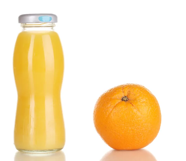 Delicious orange juice in a bottle and orange next to it isolated on white — Stock Photo, Image