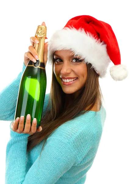 Beautiful young woman with bottle of champagne, isolated on white — Stock Photo, Image