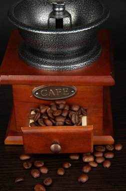 gri zemin üzerine kahve çekirdekleri ile kahve değirmeni