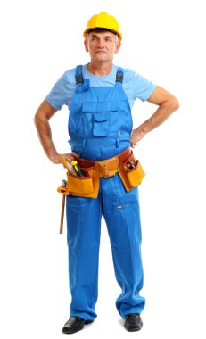 erkek üzerinde beyaz izole sarı kask oluşturucu