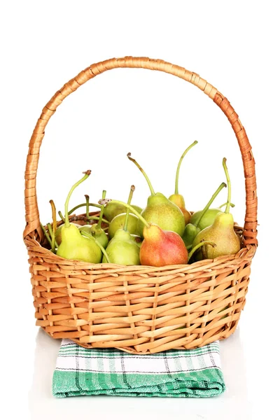 Ripe pears in basket isolated on white — Stock Photo, Image