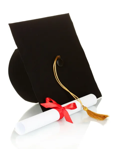 Grad hat and diploma isolated on white — Stock Photo, Image