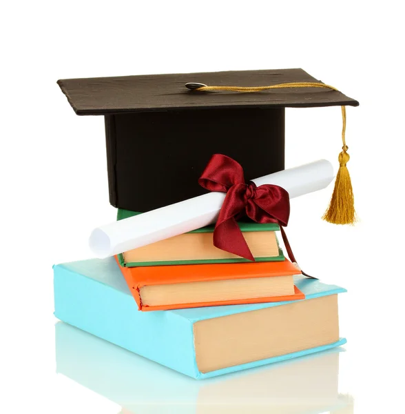 Grad hat and diploma with books isolated on white — Stock Photo, Image