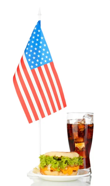 Tasty sandwich and cola with american flag, isolated on white — Stock Photo, Image