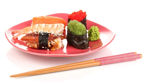 Delicious sushi served on red plate isolated on white — Stock Photo, Image