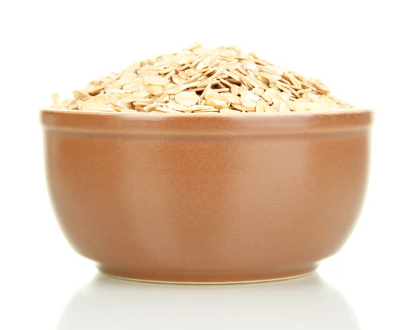 Brown bowl full of oat flakes isolated on white — Stock Photo, Image