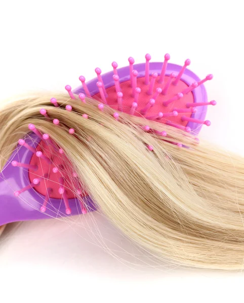 Blond curls brushing comb isolated on white — Stok Foto