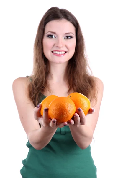 Bella donna con arancio isolato su bianco — Foto Stock