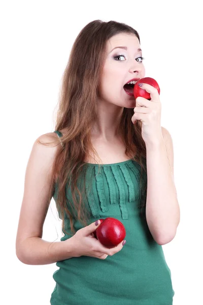 Mooie vrouw met appel geïsoleerd op wit — Stockfoto