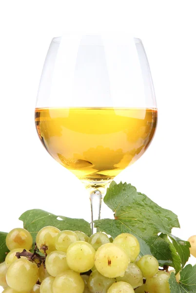 Bottle and glass of wine and grapes, isolated on white — Stock Photo, Image