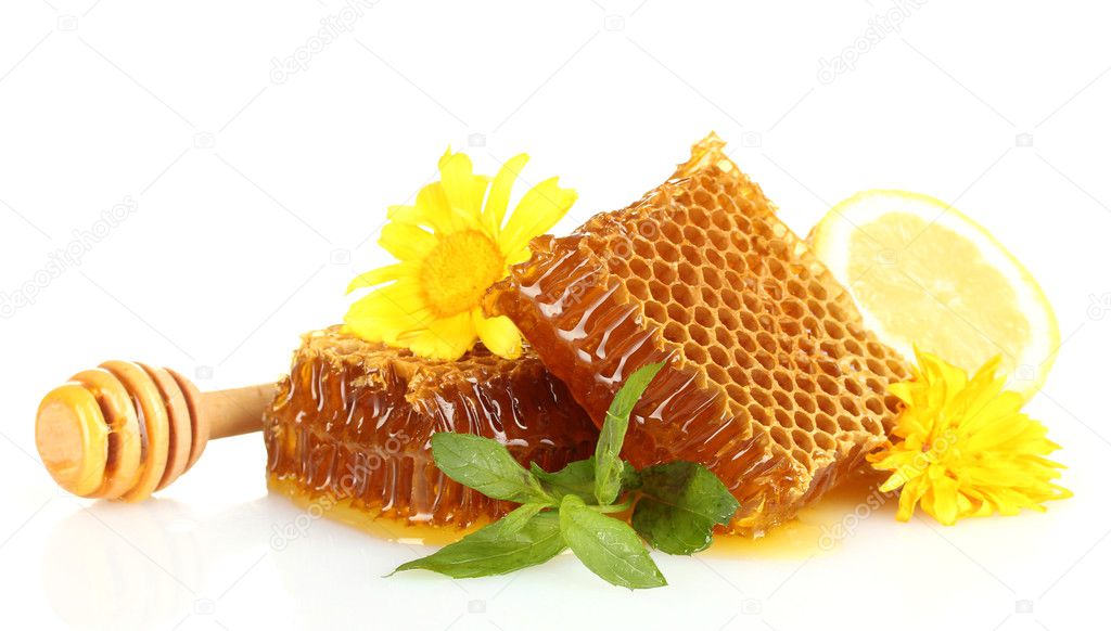 sweet honeycombs with mint, lemon and flowers isolated on white