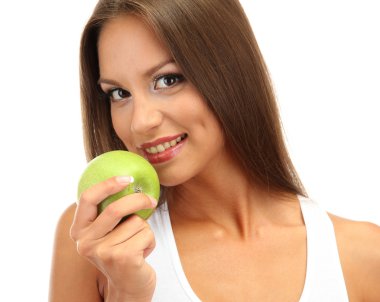 Yeşil elma, üzerinde beyaz izole olan güzel kadın