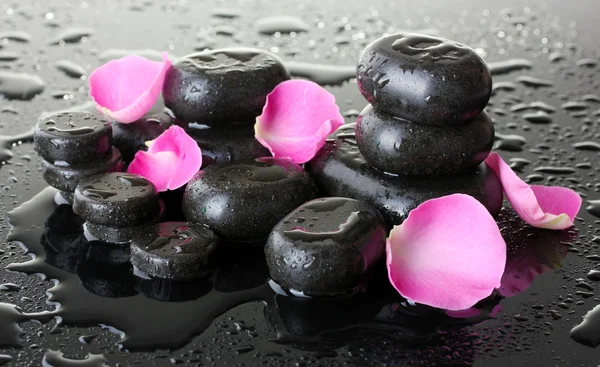 Pietre termali con gocce e petali di rosa su sfondo grigio — Foto Stock