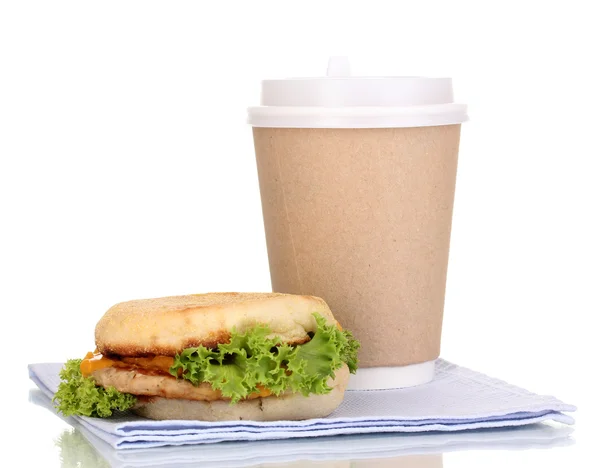 Paper cup of coffee and burger isolated on white — Stock Photo, Image