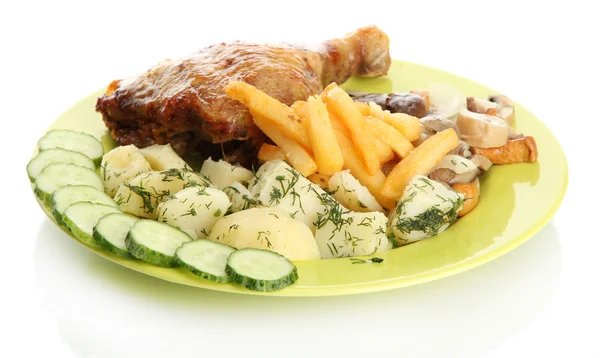 Roast chicken with potatoes, and cucumbers on plate, isolated on white — Stock Photo, Image