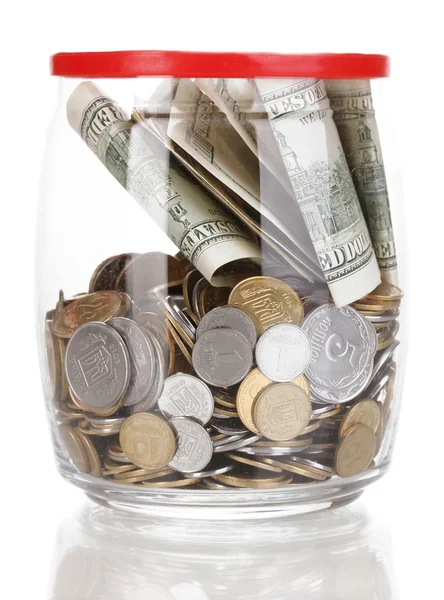 Tarro de vidrio transparente para consejos con dinero aislado en blanco —  Fotos de Stock