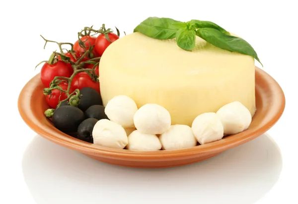 Cheese mozzarella with vegetables in the plate isolataed on white — Stock Photo, Image