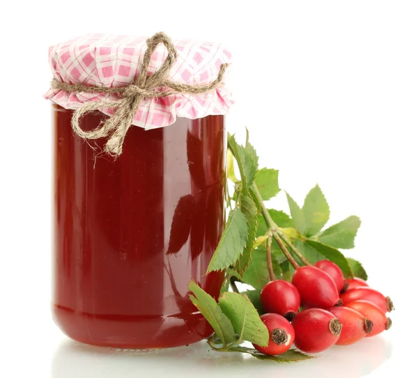 Jar with hip roses jam and ripe berries, isolated on white — Stock Photo, Image