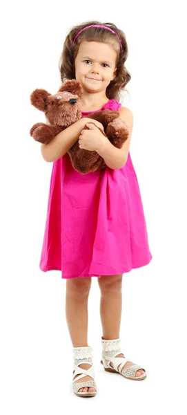 Beautiful little girl with toy bear isolated on white — Stock Photo, Image