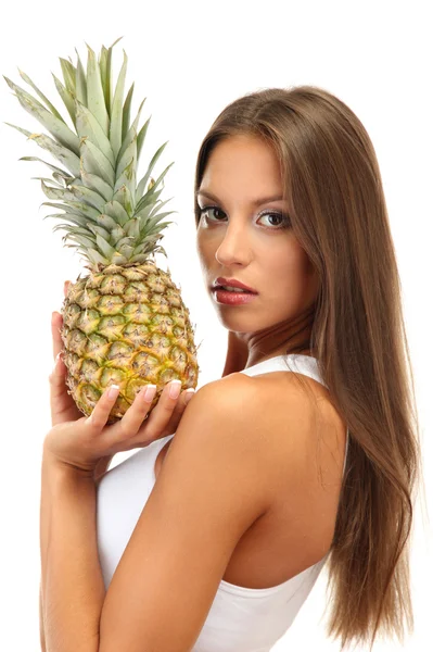 Bella giovane donna con ananas, isolata su bianco — Foto Stock