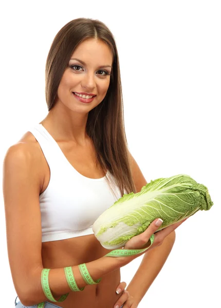 Beautiful young woman with cabbage and measure tape, isolated on white — Stock Photo, Image