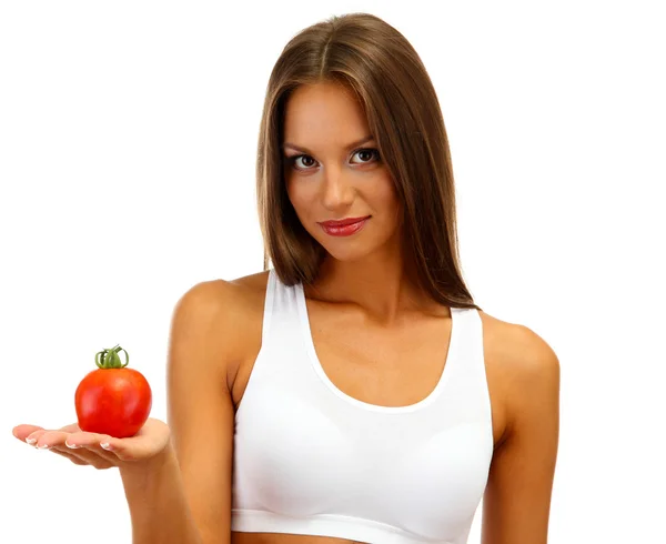 Beautiful young woman with tomato, isolated on white — Stock Photo, Image