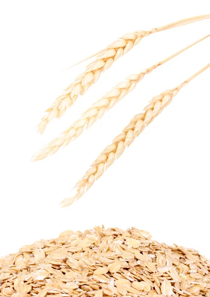 Ovesné vločky a uši pšenice izolované na bílém — Stock fotografie