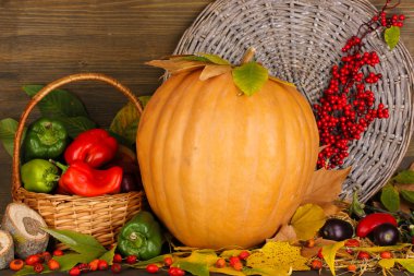 Excellent autumn still life with pumpkin on wooden table on wooden background