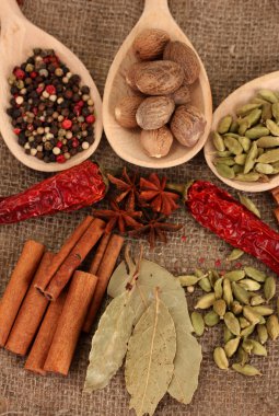 Küçük Hindistan cevizi ve diğer baharatlar çul zemin üzerine