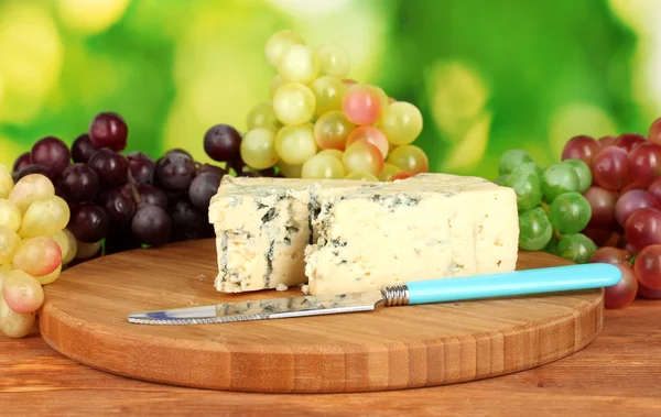 Formaggio con muffa sul tagliere con uva su fondo verde brillante — Foto Stock