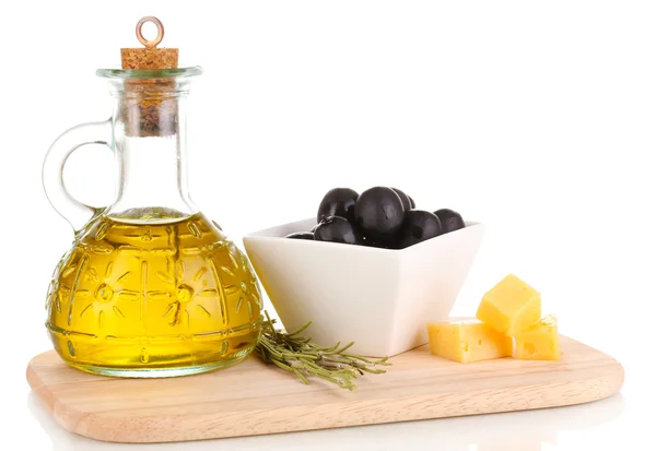 Black olives in white bowl with rosemary,olive oil and cheese on board isolated on white — Stock Photo, Image