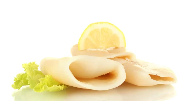 Boiled squids with lettuce and lemon isolated on white — Stock Photo, Image