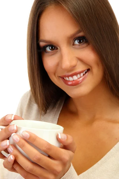 Beautiful young woman with cup of coffee, isolated on white — Stock Photo, Image