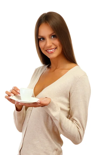 Belle jeune femme avec une tasse de café, isolé sur blanc — Photo